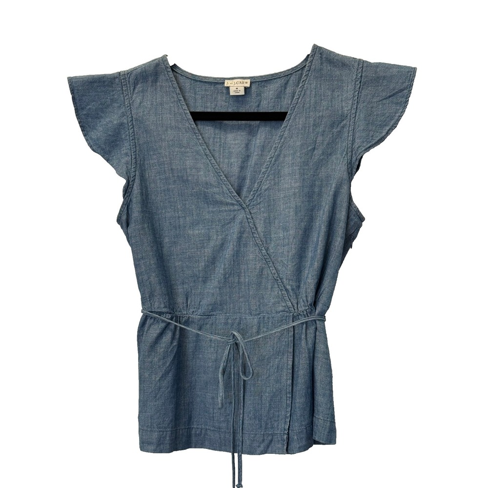 J Crew Size 8 Ruffle Sleeve Faux Wrap Peplum Chambray Cotton Top